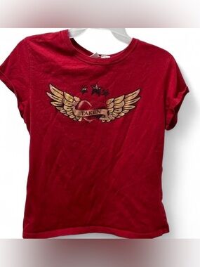 Vintage Red Graphic Tee with Winged Heart and Stars Taken